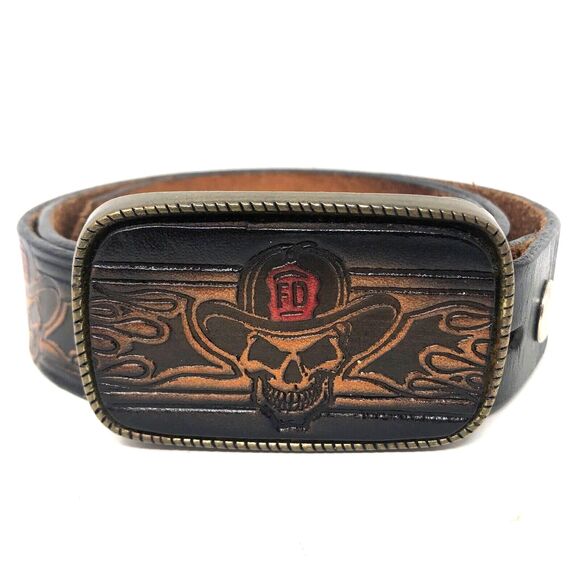 VTG Brass Skull FD Helmet Buckle Embossed Belt Mens 38 Black Leather Fire Dept - Picture 3 of 12